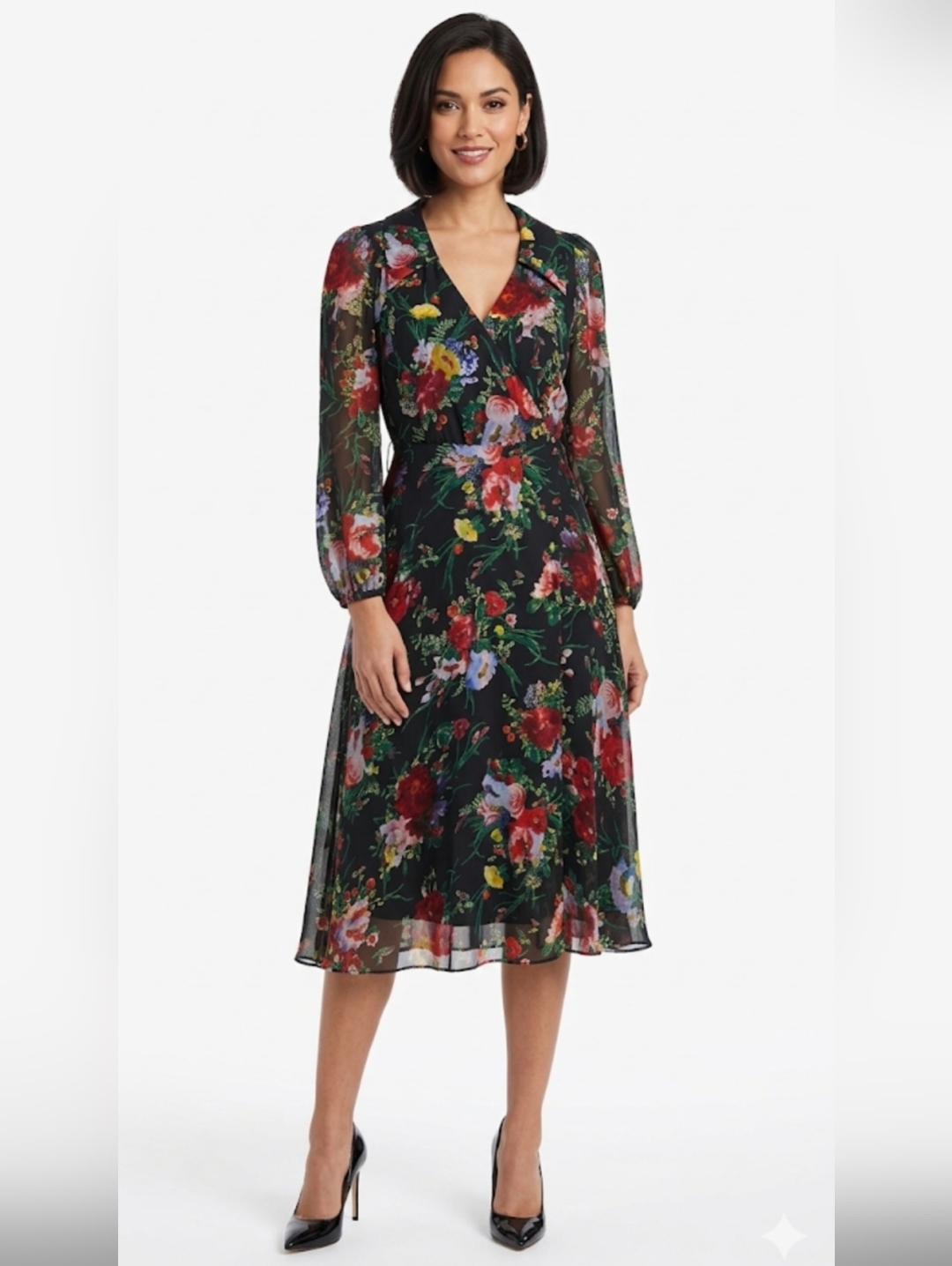 Alice + Olivia Black Floral Wrap Midi Dress With Red & Green Accents, Size 4.